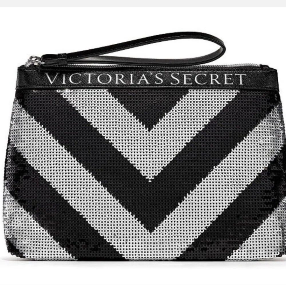 NWT Victoria's Secret Black and Silver Sequined Makeup Beauty Sparkle Clutch Bag
